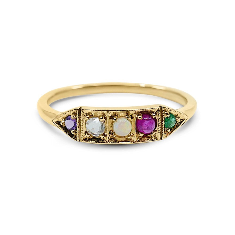 Ms. Goodbar ADORE acrostic ring, 14k Stacking ring, Amethyst, Diamond, Opal, Ruby and Emerald ring, Five stone ring, acrostic ring