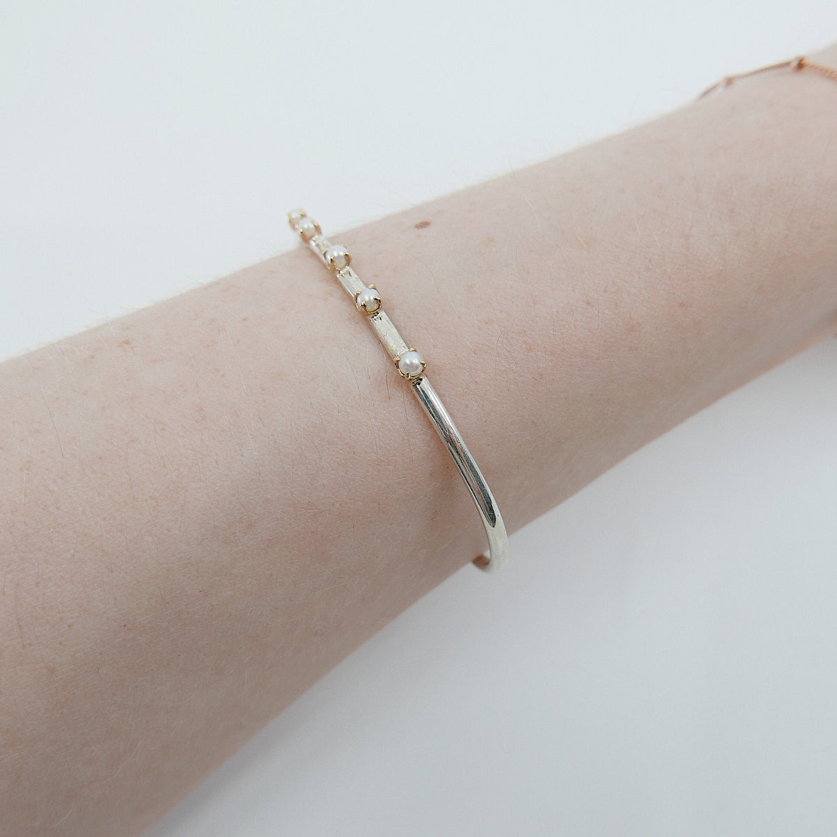 Studded Pearl Cuff Bracelet, Sterling Silver Studded Bracelet, Pearl Studded Bracelet, Two Tone Bracelet, Mixed Metals Bracelet