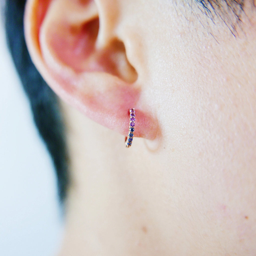 Mini Bi-Color Hoop Earring, Amethyst and Blue Sapphire Hoop Earring, Purple and Blue Hoop Earring, Bi-Color Hoop Earring