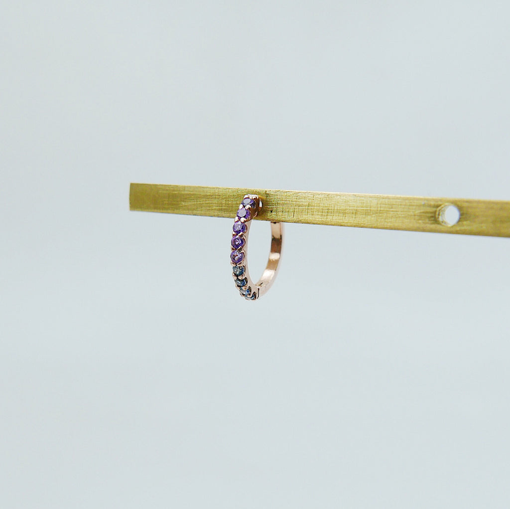 Mini Bi-Color Hoop Earring, Amethyst and Blue Sapphire Hoop Earring, Purple and Blue Hoop Earring, Bi-Color Hoop Earring