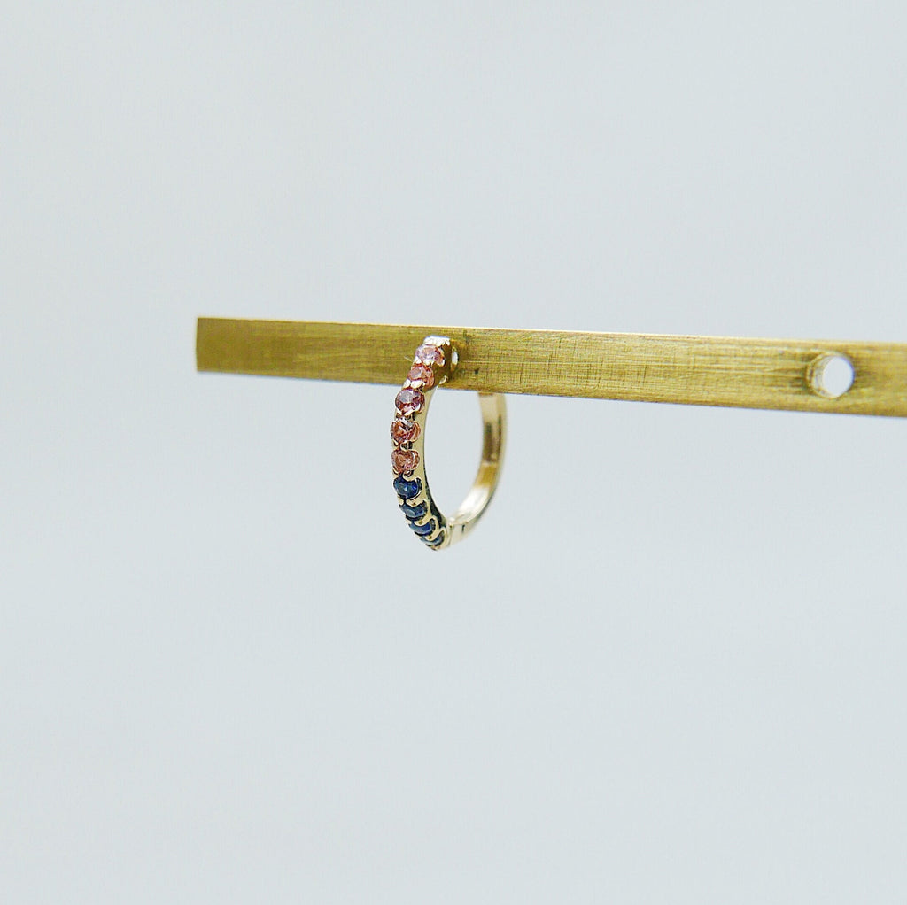 Mini Bi-Color Hoop Earring, Orange Sapphire and Blue Sapphire Hoop Earring, Orange and Blue Earring, Bi-Color Hoop Earring, Sapphire Hoop
