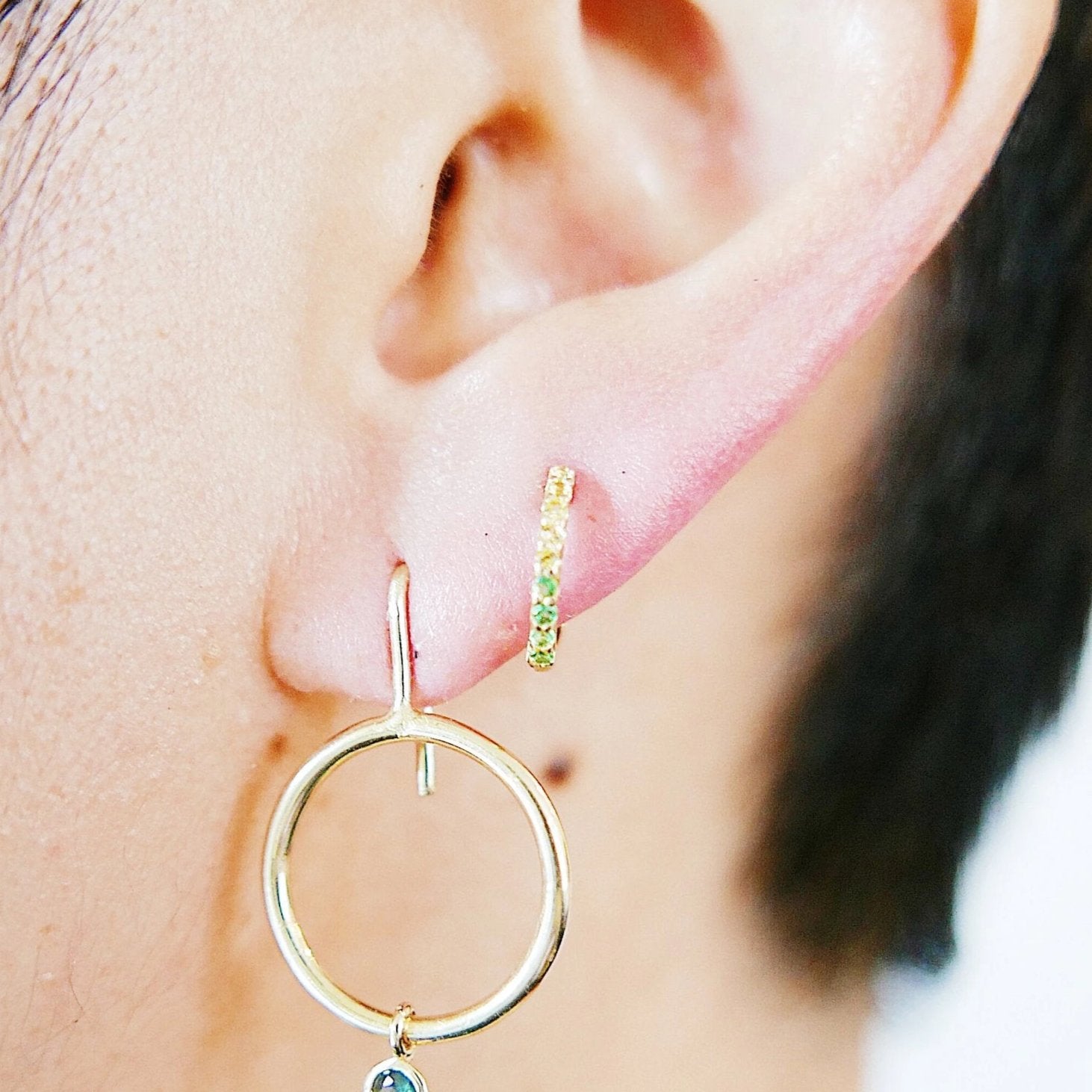 Mini Bi-Color Hoop Earring, Yellow Sapphire and Tsavorite Hoop Earring, Yellow and Green Earring, Bi-Color Hoop Earring