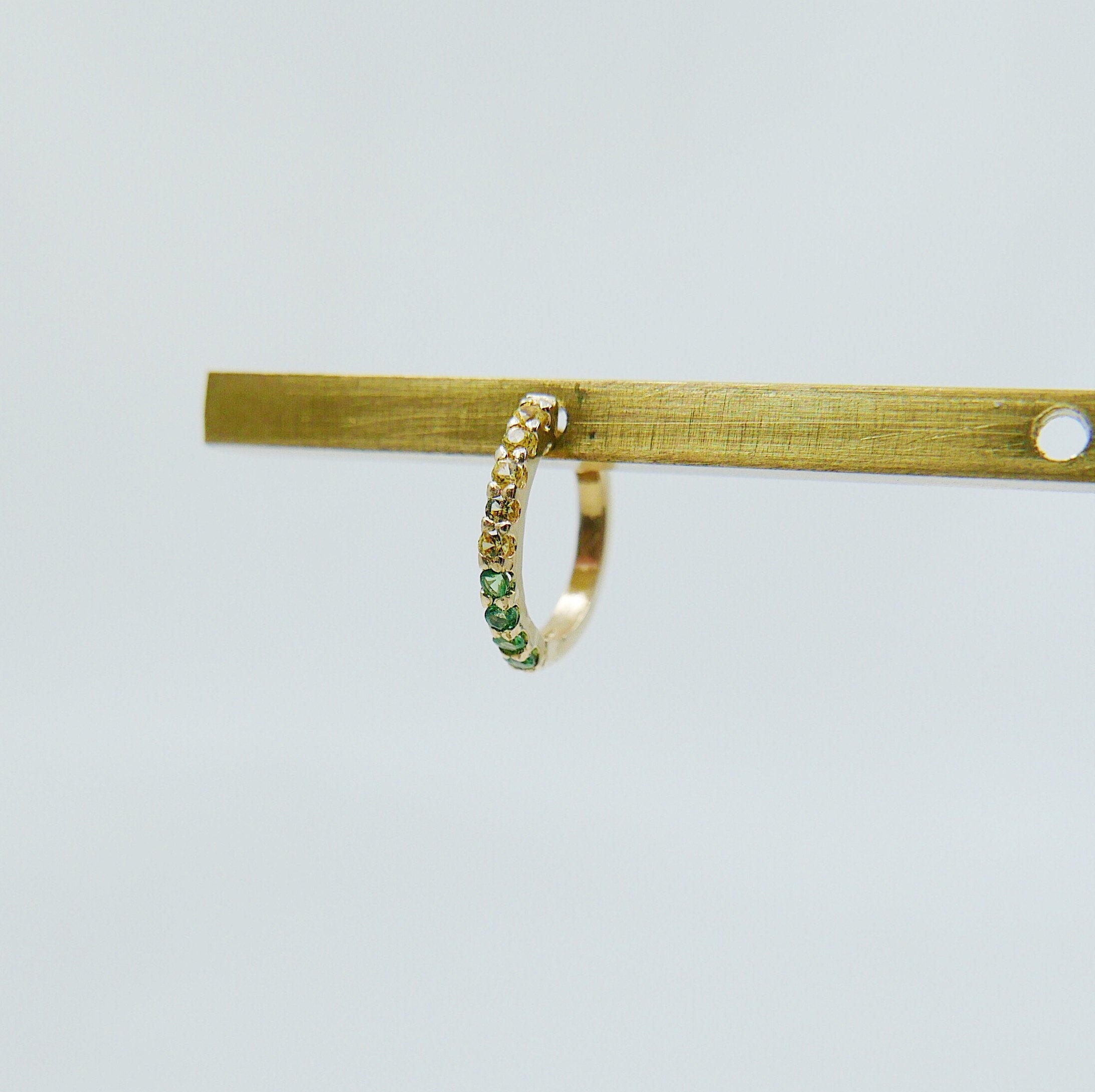 Mini Bi-Color Hoop Earring, Yellow Sapphire and Tsavorite Hoop Earring, Yellow and Green Earring, Bi-Color Hoop Earring