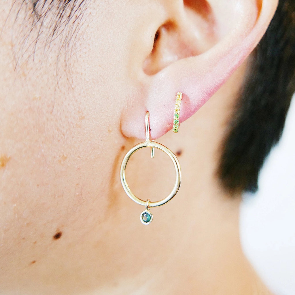 Open Hoop Drop Tourmaline Earring, Open Hoop 14k Gold Earring, Green Tourmaline Hoop, Fish Hook Open Hoop Earring