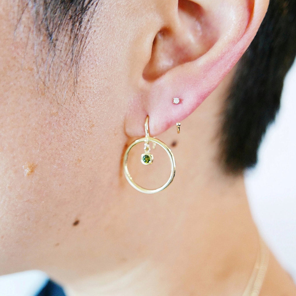 Open Hoop Green Tourmaline Earring, Open Hoop 14k Gold Earring, Tourmaline Hoop, Fish Hook Open Hoop Earring