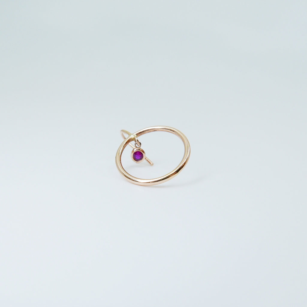 Open Hoop Ruby Earring, Open Hoop 14k Gold Earring, Ruby Hoop, Fish Hook Open Hoop Earring