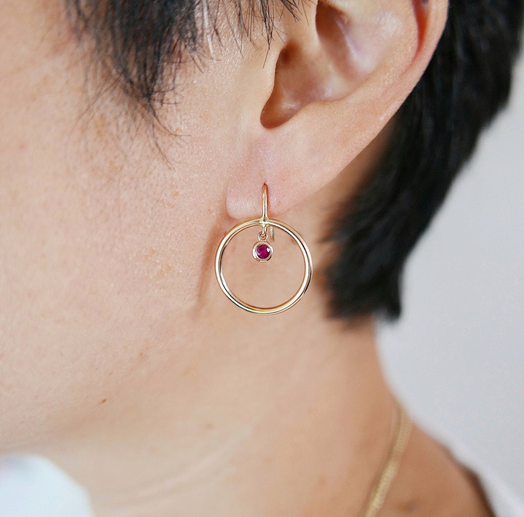 Open Hoop Ruby Earring, Open Hoop 14k Gold Earring, Ruby Hoop, Fish Hook Open Hoop Earring