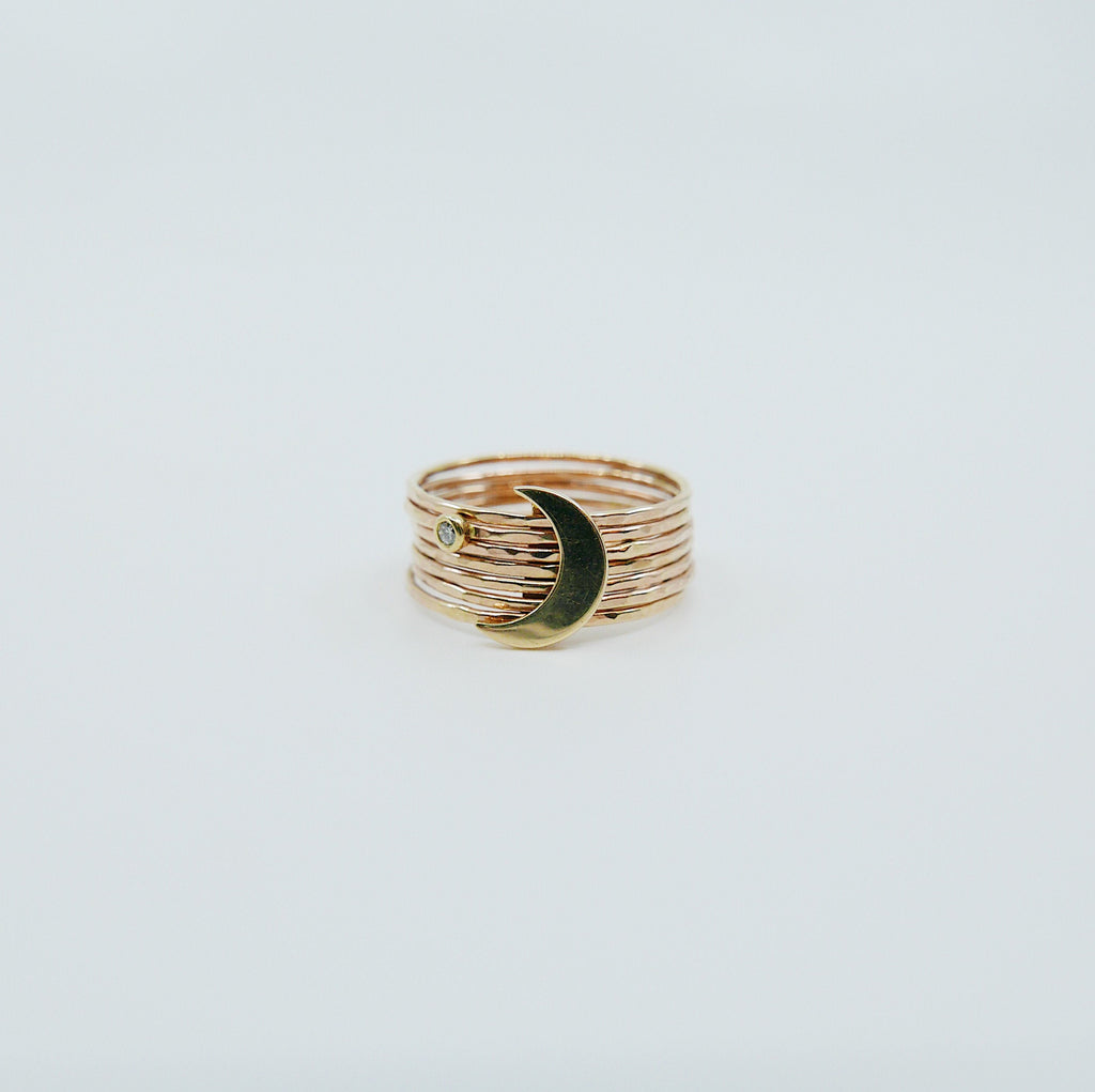 Large Crescent Moon with Diamond Stacking Ring, stacking ring set, gold crescent moon and diamond ring, crecent moon diamond stacking ring