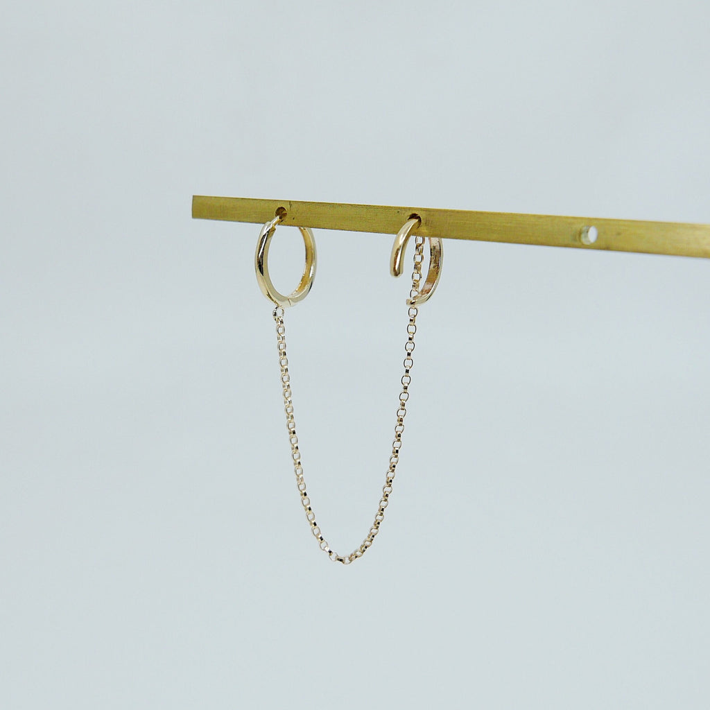 Chained Hoops Cuff Earring, 14k gold small hoops, gold hoops with chain, small gold chained cuff, huggie hoops, chained single earring