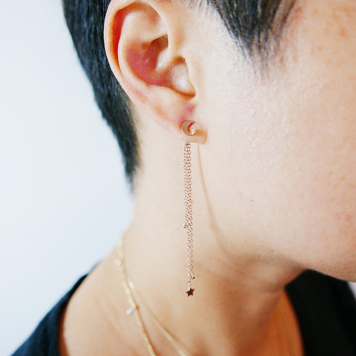 Crescent Moon Shooting Stars Earring,Moon and Stars Earring, Diamond Moon Chain, Moon Earring, Crescent earring, Shooting Stars Earring