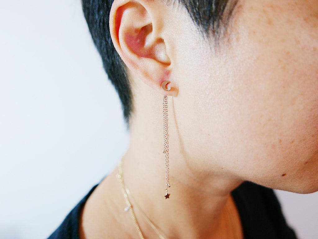 Crescent Moon Shooting Stars Earring,Moon and Stars Earring, Diamond Moon Chain, Moon Earring, Crescent earring, Shooting Stars Earring