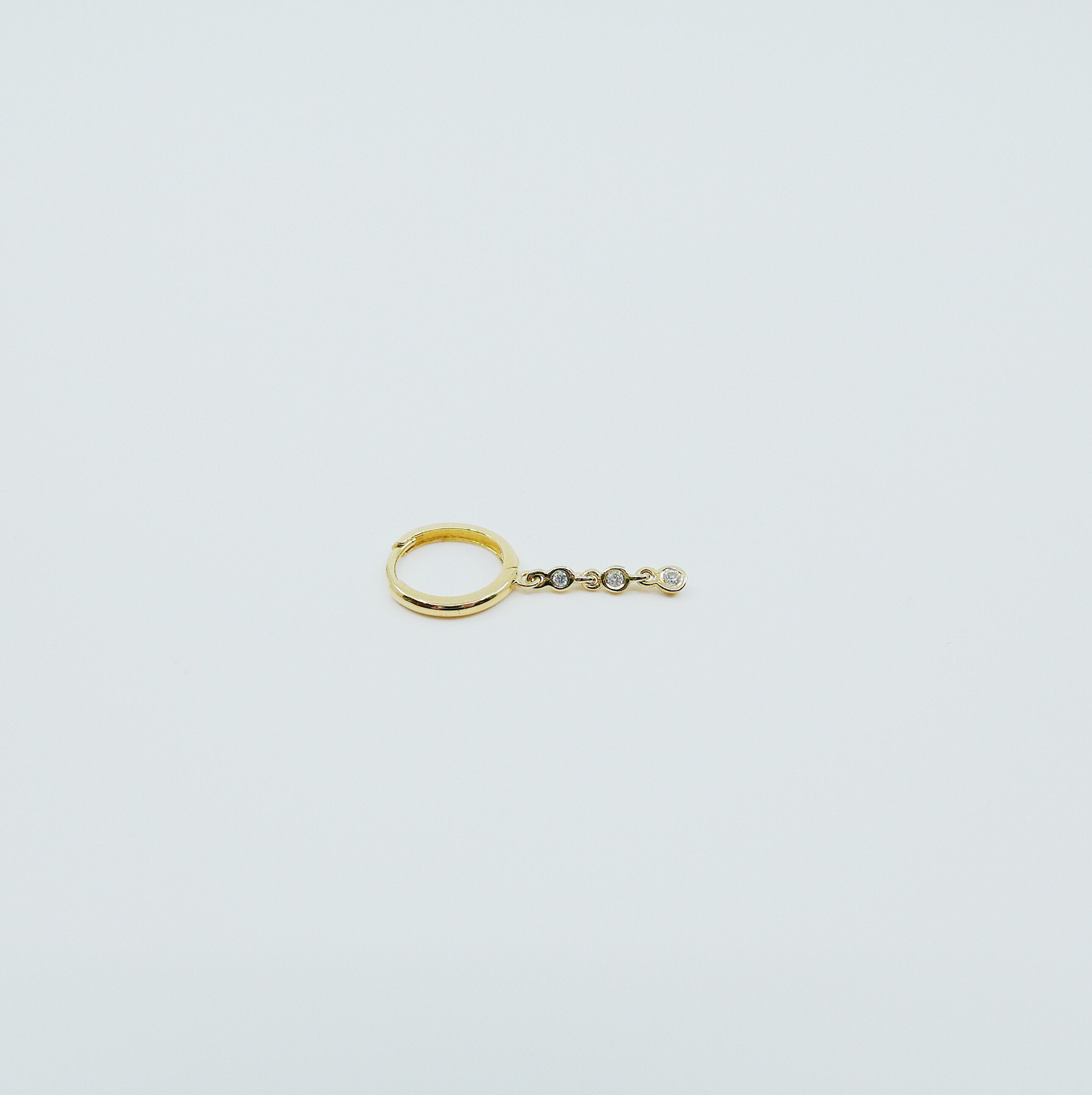 Triple Bezel Diamond Hoop, Small 14k gold diamond hoop, Bezel diamond gold hoop, three diamond gold hoop, diamond drop earring