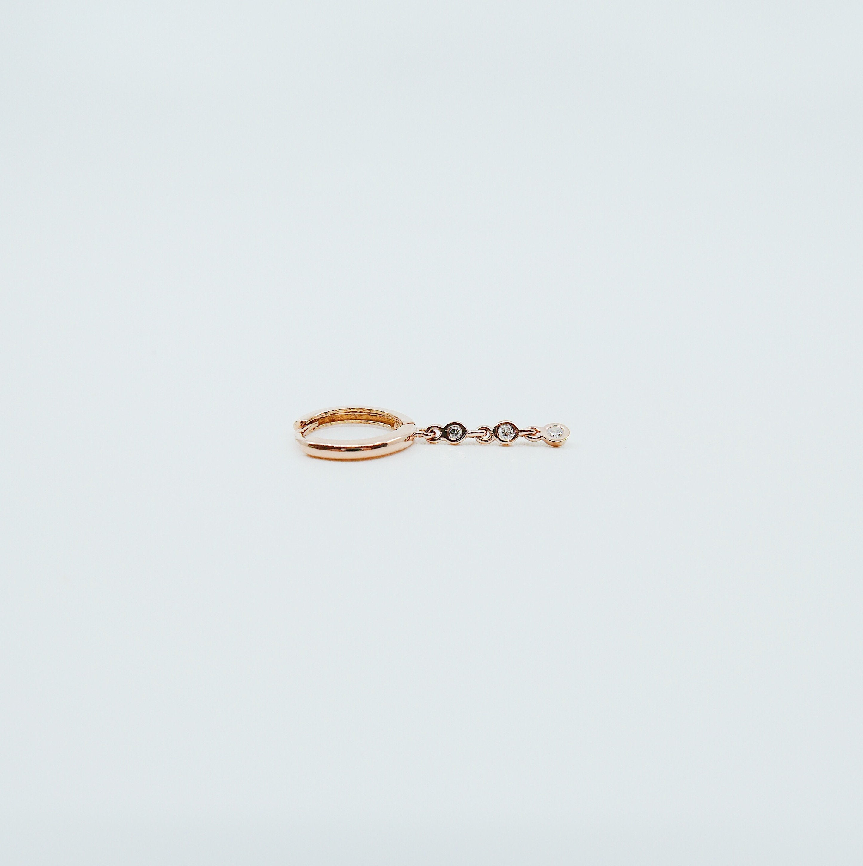 Triple Bezel Diamond Hoop, Small 14k gold diamond hoop, Bezel diamond gold hoop, three diamond gold hoop, diamond drop earring