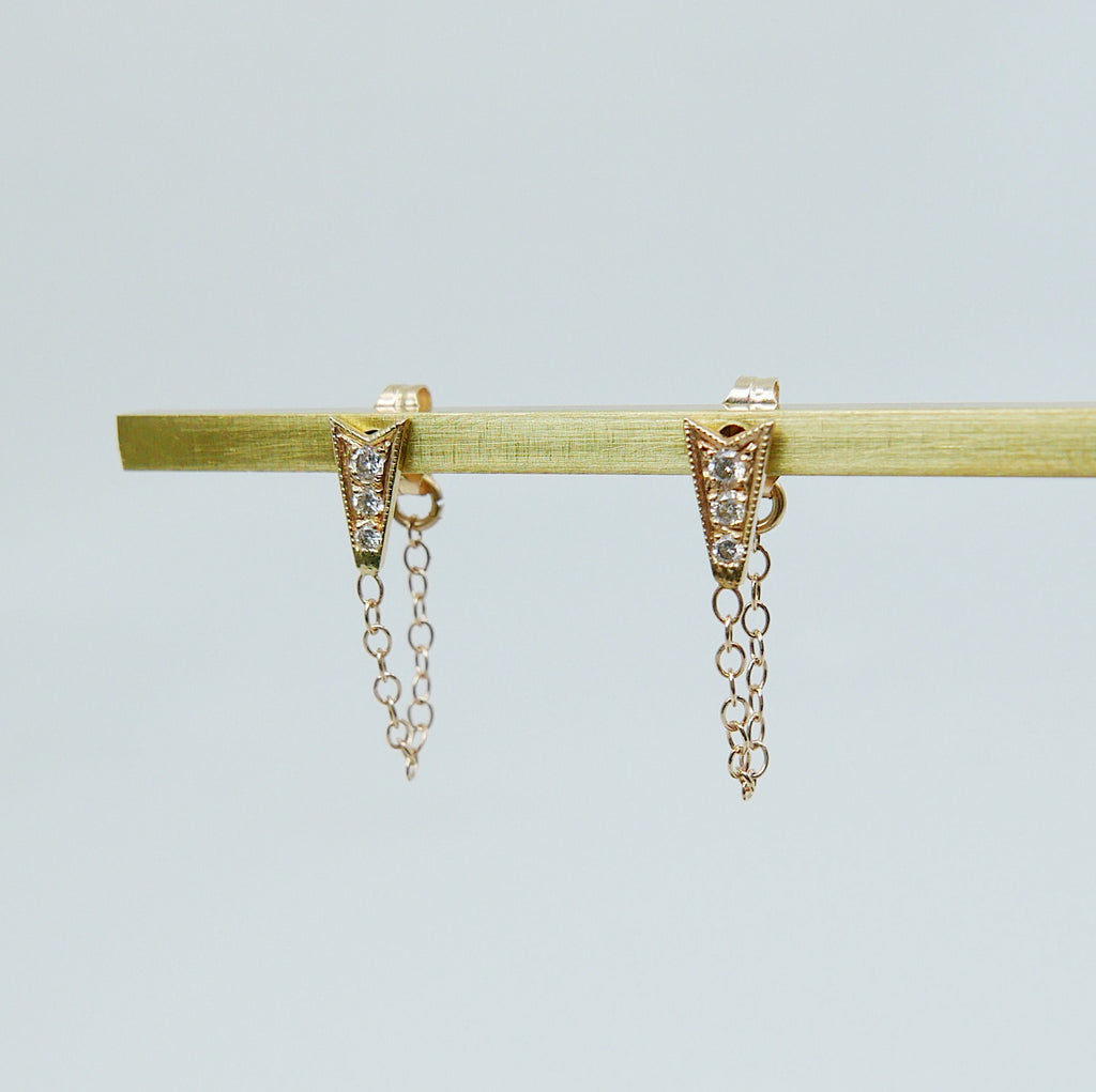 Ribbon Chained Earrings, Diamond Chained Earrings, Emerald Chained Earrings, 14k Gold chain earrings, Gold Chained earrings