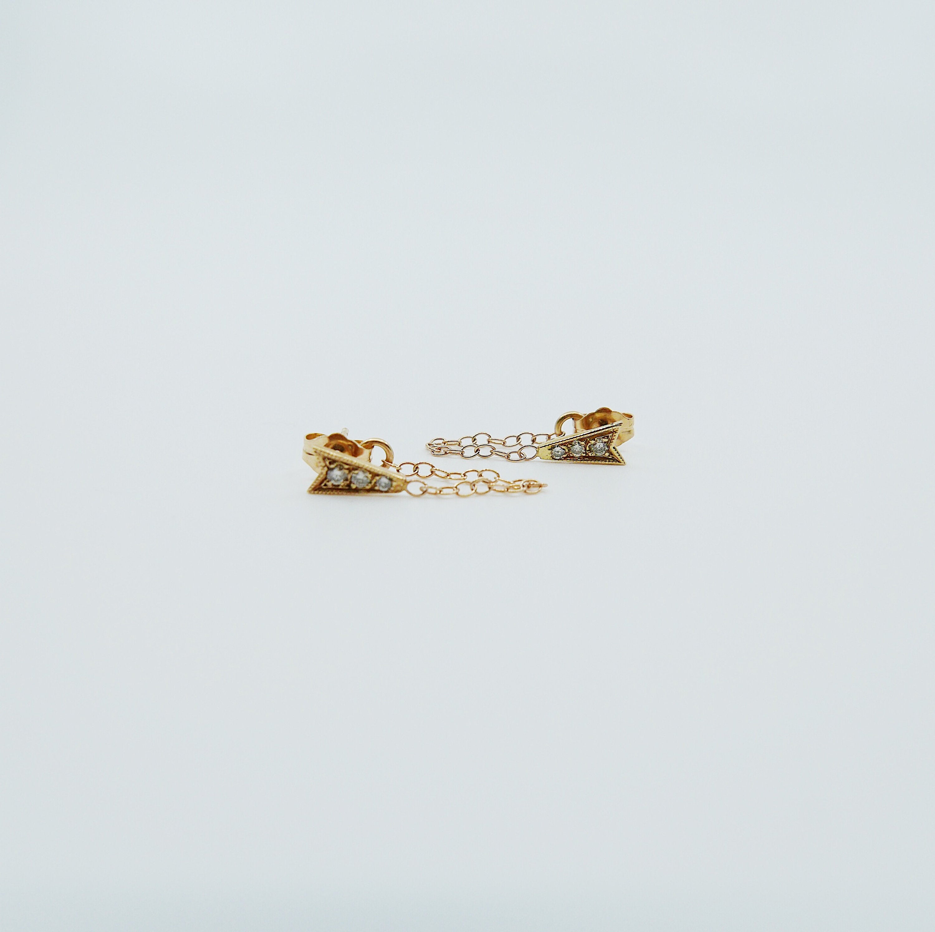 Ribbon Chained Earrings, Diamond Chained Earrings, Emerald Chained Earrings, 14k Gold chain earrings, Gold Chained earrings