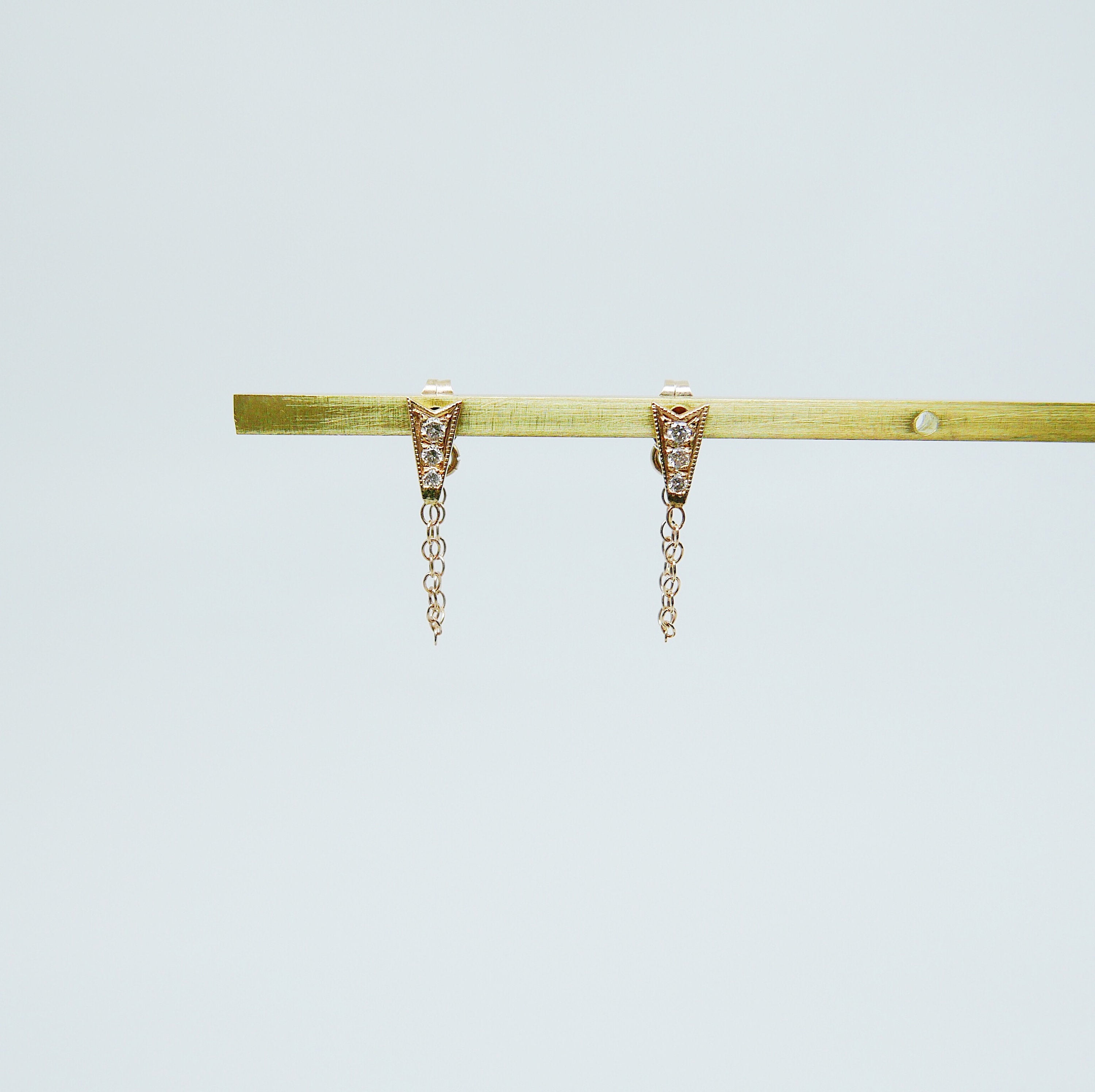 Ribbon Chained Earrings, Diamond Chained Earrings, Emerald Chained Earrings, 14k Gold chain earrings, Gold Chained earrings