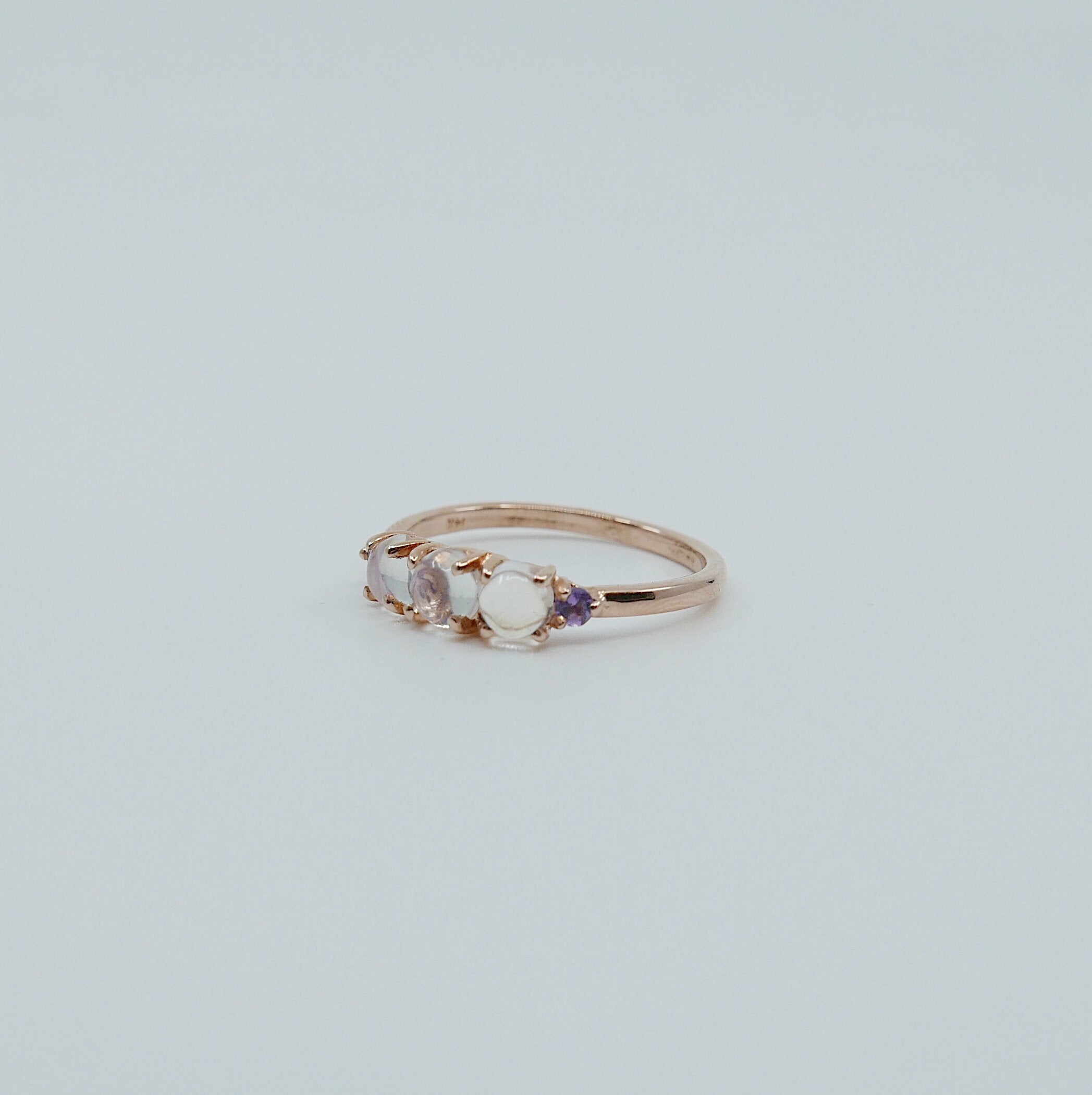 Hailey Moonstone Five Stone Ring, Moonstone and Amethyst band, 14k gold glowing stone ring, five stone ring, cabochon moonstone ring