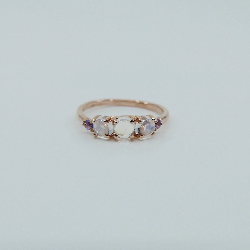 Hailey Moonstone Five Stone Ring, Moonstone and Amethyst band, 14k gold glowing stone ring, five stone ring, cabochon moonstone ring