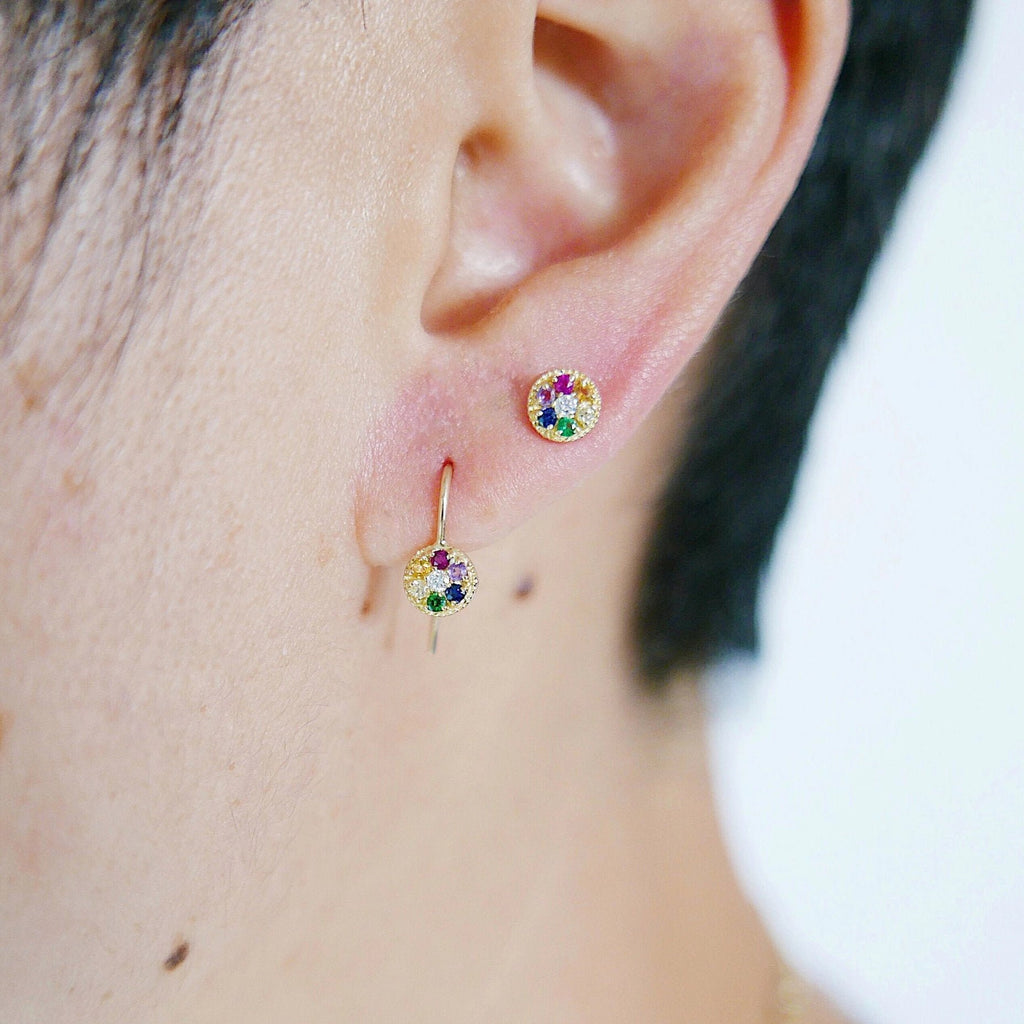 Painter's Palette Earring, 14k multicolor stone circle earring, mini diamond stud earring, rainbow circle hook earring