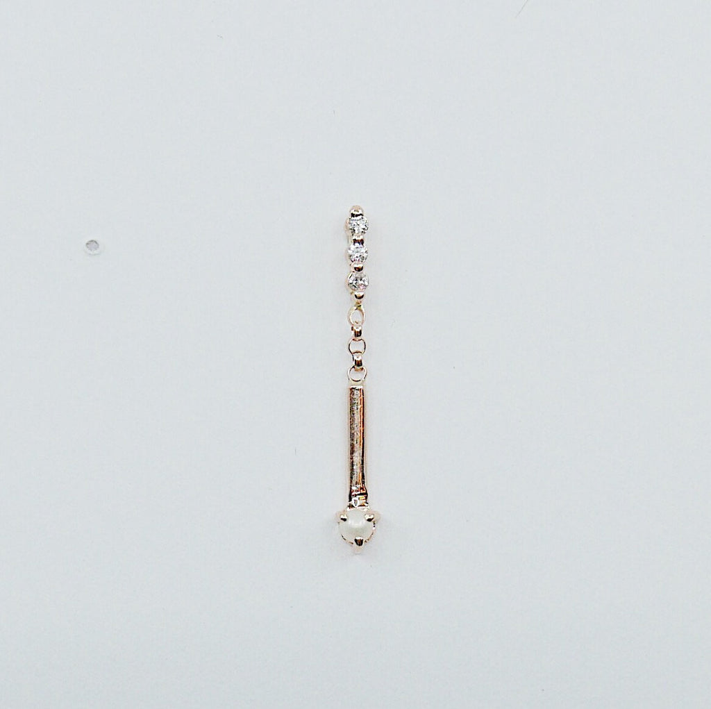 Pearl Matchstick Diamond Earring, 14k Gold Diamond Bar Earring, 14k Gold Pearl Dangle Earring, Diamond and Pearl Earring, Pearl and Diamond