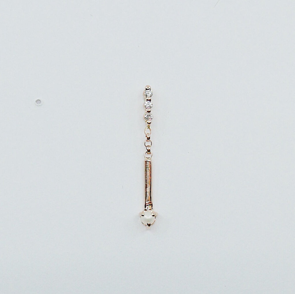Pearl Matchstick Diamond Earring, 14k Gold Diamond Bar Earring, 14k Gold Pearl Dangle Earring, Diamond and Pearl Earring, Pearl and Diamond