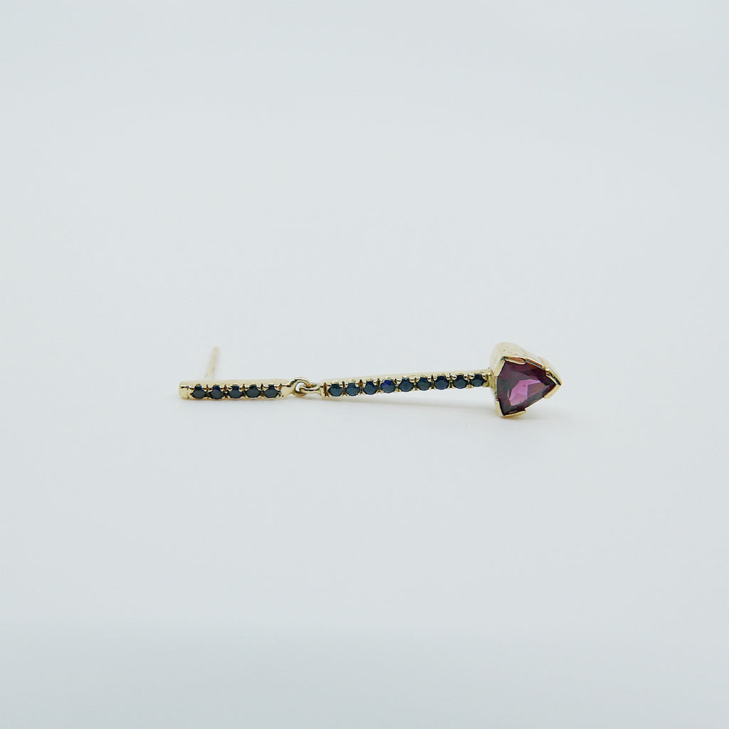 Sticks and Stones Trillion Duo Earring, 14k Gold Rhodolite Garnet Bar Earring, 14k Gold Sapphire Dangle Earring