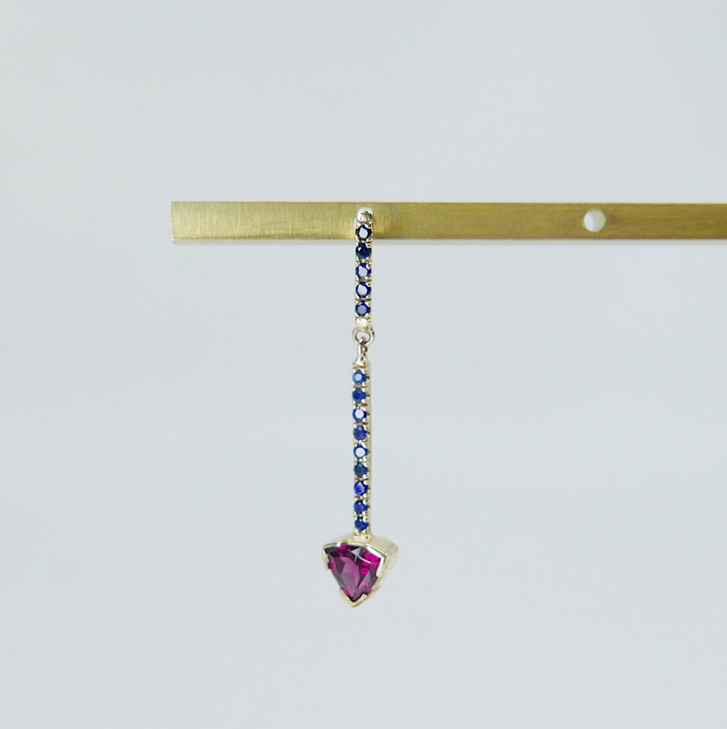 Sticks and Stones Trillion Duo Earring, 14k Gold Rhodolite Garnet Bar Earring, 14k Gold Sapphire Dangle Earring