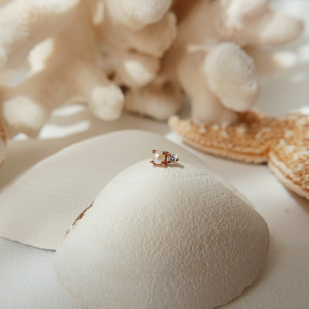 Duo Pearl and Diamond Stud Earring, Pearl and Diamond Post, Mini Pearl and Diamond Earrings
