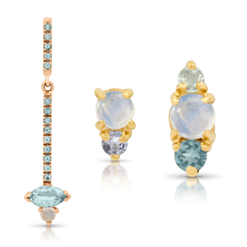 Trio Moonstone Earring, Aquamarine and Amethyst Post, Aquamarine and Blue Topaz Post, Mini Moonstone Earrings, three stone earring
