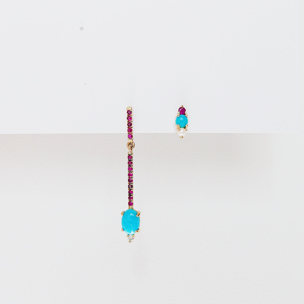 Sticks and Stones Oval Duo Earring, 14k Gold Turquoise and Diamond Bar Earring, 14k Gold Ruby Dangle Earring