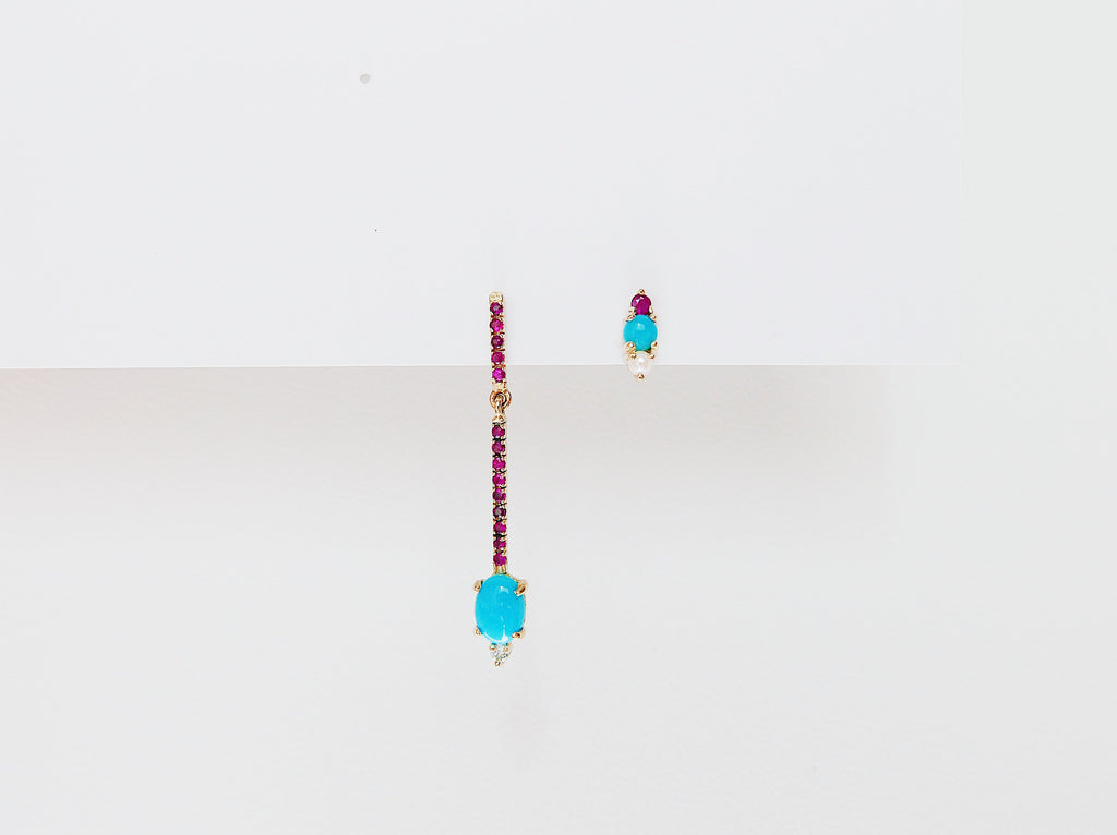 Sticks and Stones Oval Duo Earring, 14k Gold Turquoise and Diamond Bar Earring, 14k Gold Ruby Dangle Earring