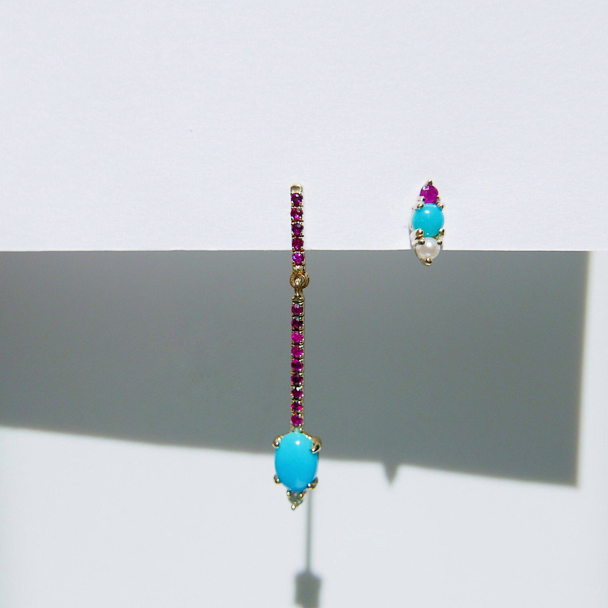 Sticks and Stones Oval Duo Earring, 14k Gold Turquoise and Diamond Bar Earring, 14k Gold Ruby Dangle Earring
