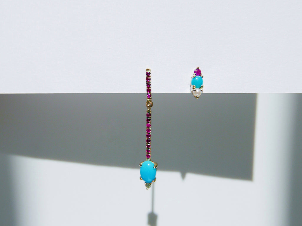 Sticks and Stones Oval Duo Earring, 14k Gold Turquoise and Diamond Bar Earring, 14k Gold Ruby Dangle Earring