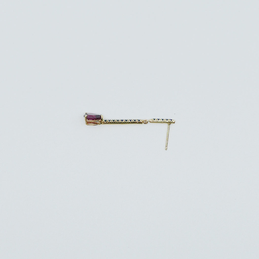 Sticks and Stones Pear Duo Earring, 14k Gold Rhodolite Garnet Bar Earring, 14k Gold Sapphire Dangle Earring