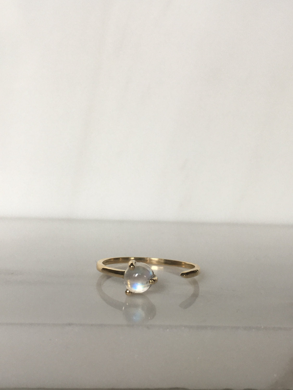 Mystic moonstone open cuff ring, rainbow moonstone cabochon open ring, 14k gold asymmetrical cuff ring with natural stone
