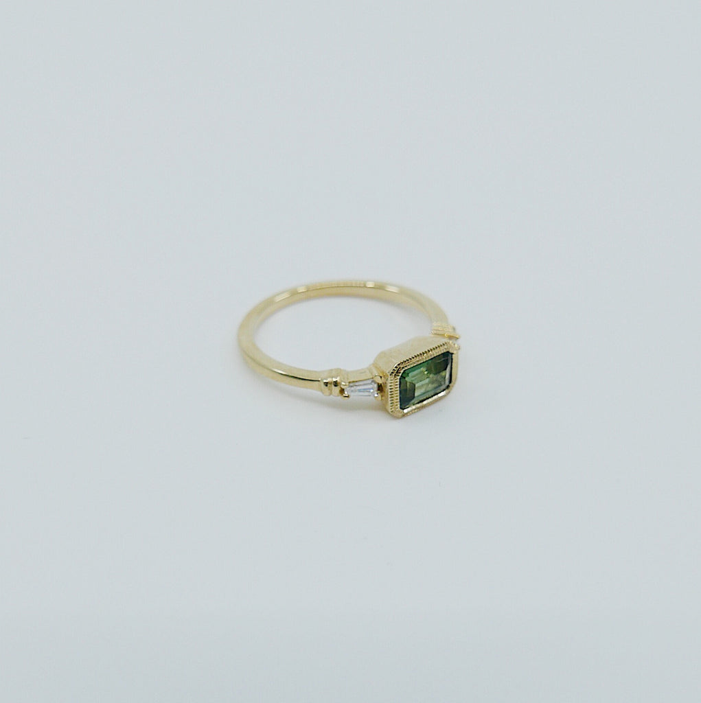 Maggey Green Tourmaline Ring, 14k Stacking ring, Diamond and tourmaline ring, Tourmaline ring, Diamond ring, Vintage inspired ring