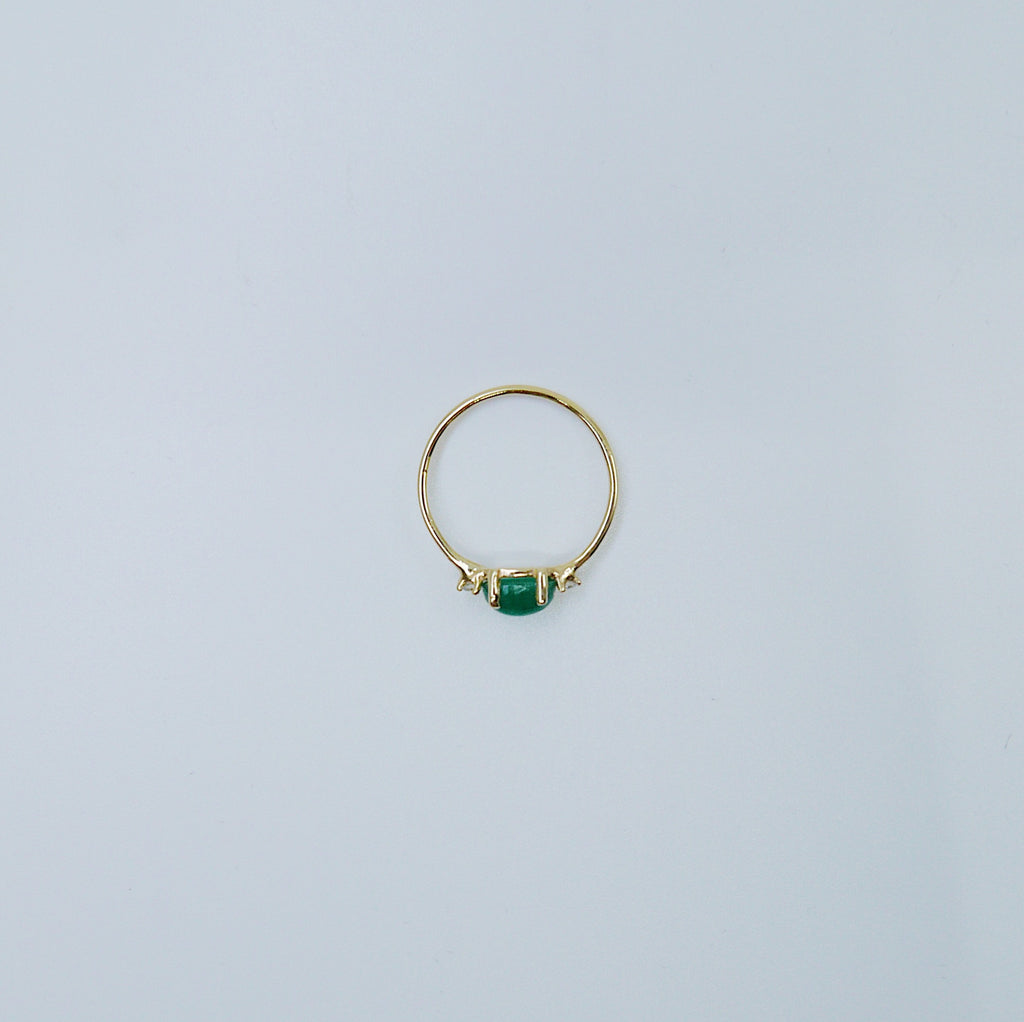 Oval Emerald ring, three stone ring, emerald and diamond ring, 14k gold emerald ring, emerald cabochon
