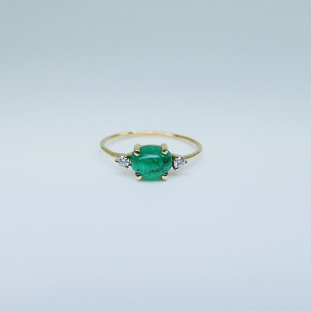 Oval Emerald ring, three stone ring, emerald and diamond ring, 14k gold emerald ring, emerald cabochon