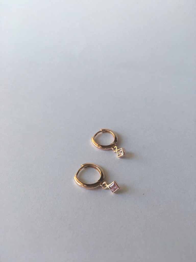 Small Princess cut pink sapphire charm hoop, small 14k gold sapphire hoop, pink sapphire hoop, hoops with bezel charms, square stone hoop