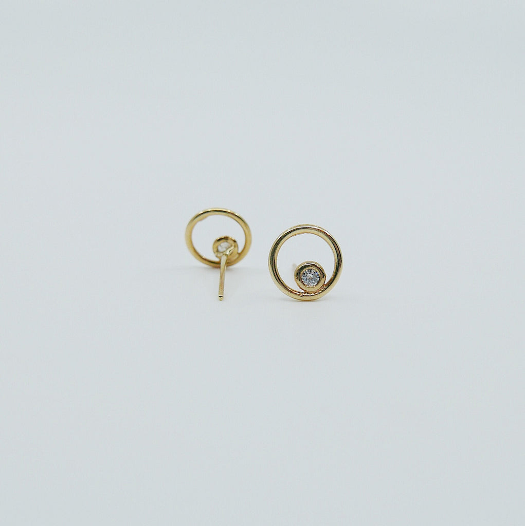 Full circle earrings, circle studs, diamond bezel studs, 14k circle diamond earrings, gold circle earrings, diamond bezel earrings