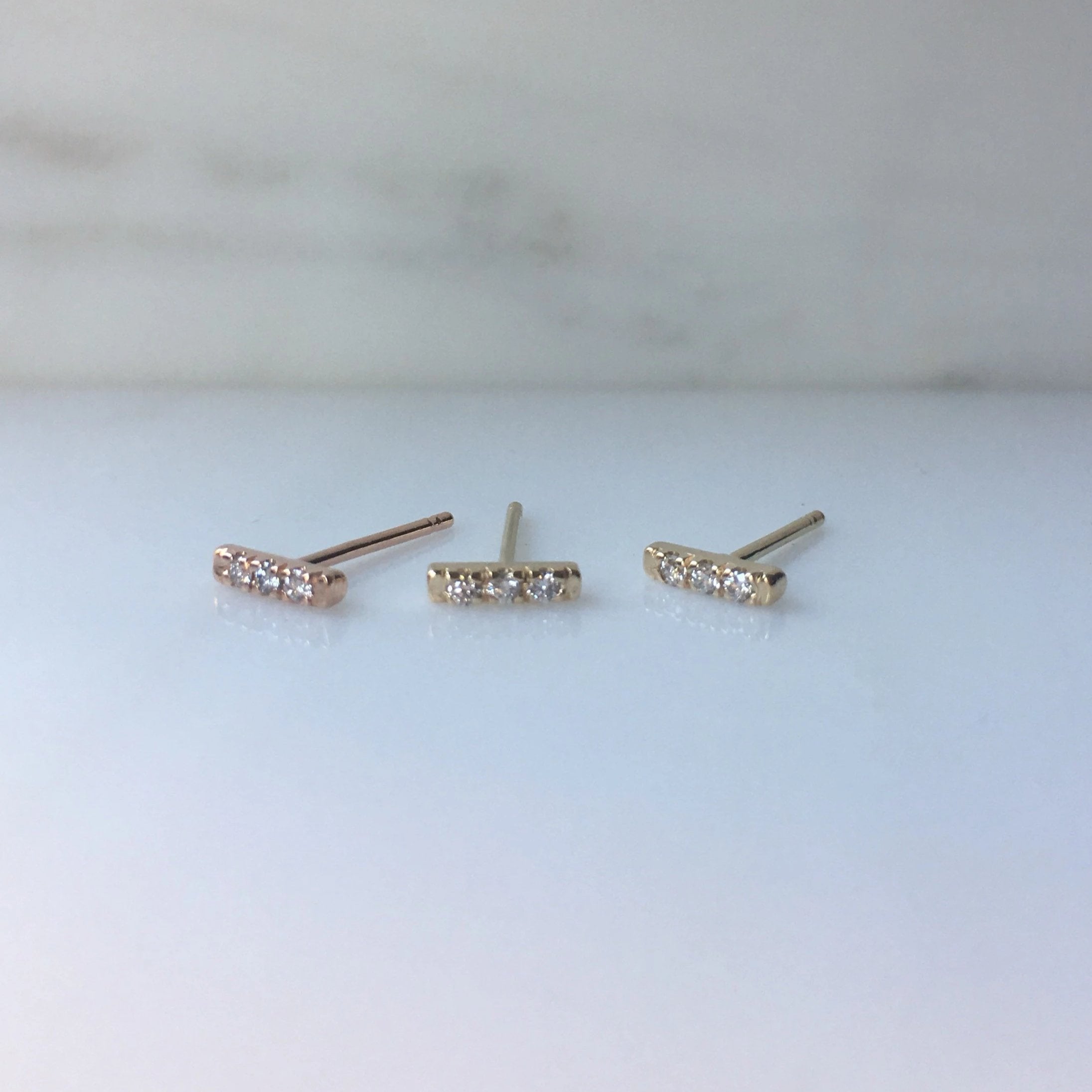 Mini diamond bar earrings, 14k Diamond bar Earrings, 3 Diamond earrings, mini gold bar Earrings, small Diamond Earrings