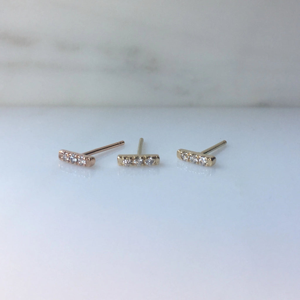 Mini diamond bar earrings, 14k Diamond bar Earrings, 3 Diamond earrings, mini gold bar Earrings, small Diamond Earrings