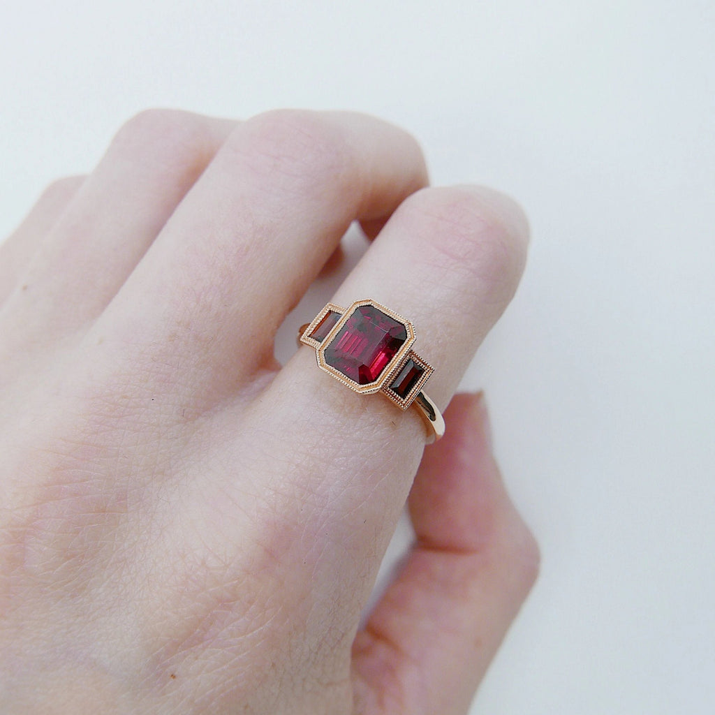 Charlotte Three Stone Ring, garnet emerald cut ring, garnet ring, deep red stone wedding ring, classic engagement ring