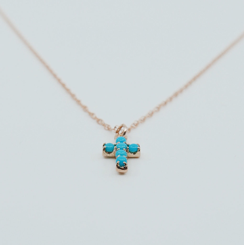 Cross Turquoise Necklace, 14k Gold Crucifix necklace, Small 14k cross necklace, Turquoise cross, Dainty gold cross necklace