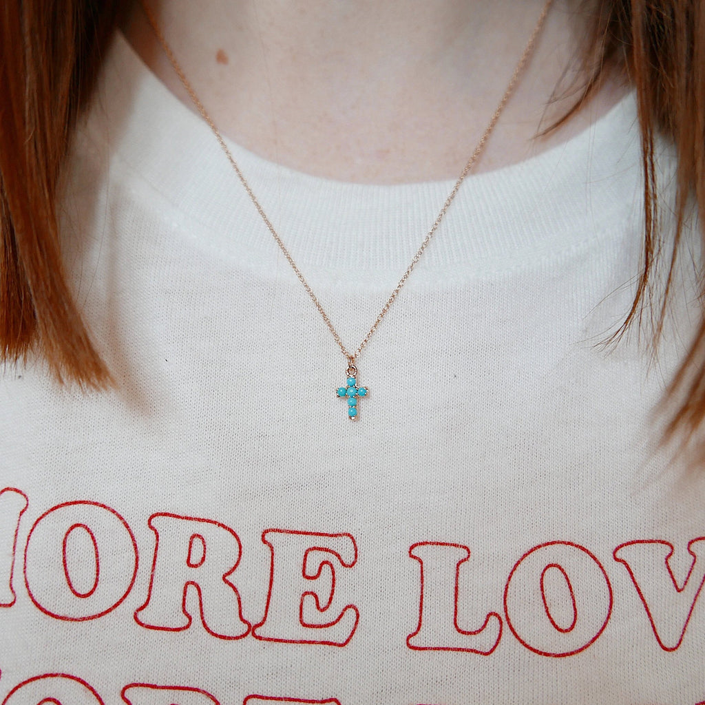 Cross Turquoise Necklace, 14k Gold Crucifix necklace, Small 14k cross necklace, Turquoise cross, Dainty gold cross necklace