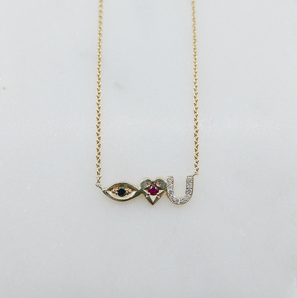 Eye Love U Necklace, 14k Gold Eye Love U Necklace, Black Diamond Necklace, Ruby Necklace, Diamond necklace, Love You necklace, I love you