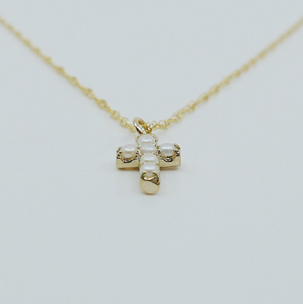 Cross Pearl Necklace, 14k Gold Crucifix necklace, Small 14k cross necklace, pearl cross, Dainty gold cross necklace