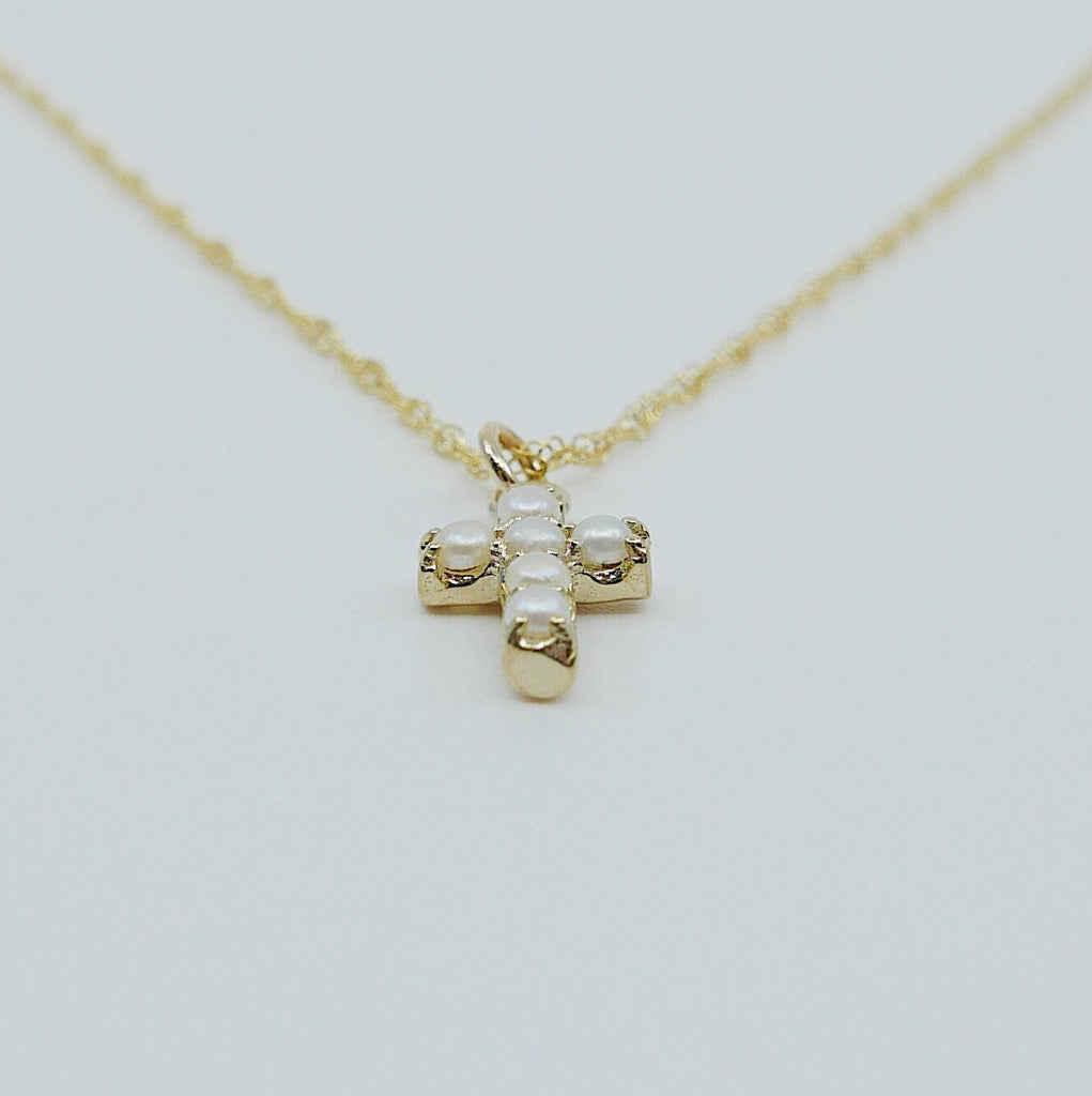 Cross Pearl Necklace, 14k Gold Crucifix necklace, Small 14k cross necklace, pearl cross, Dainty gold cross necklace
