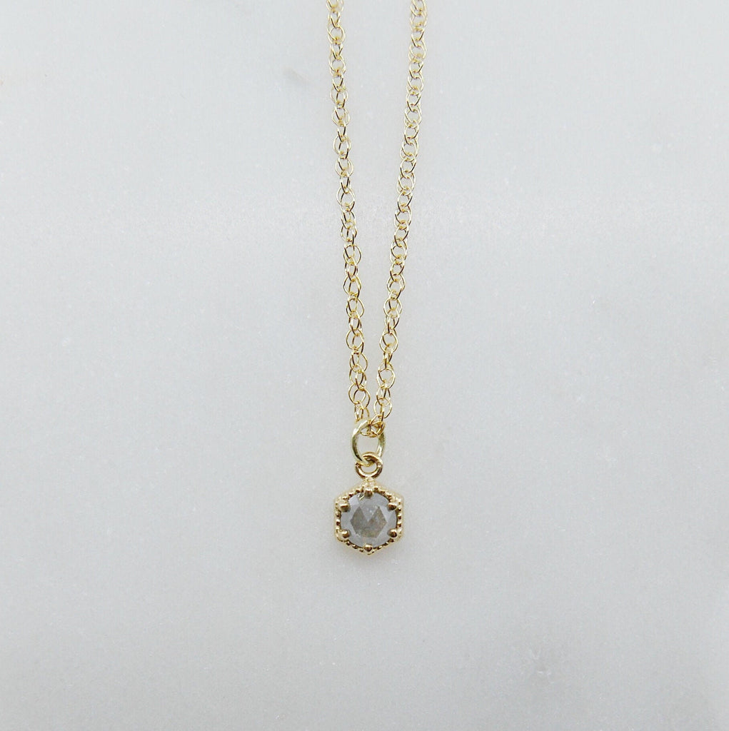 Frame Rose Cut Grey Diamond Necklace, small dainty grey diamond necklace, solitaire necklace, small grey diamond necklace