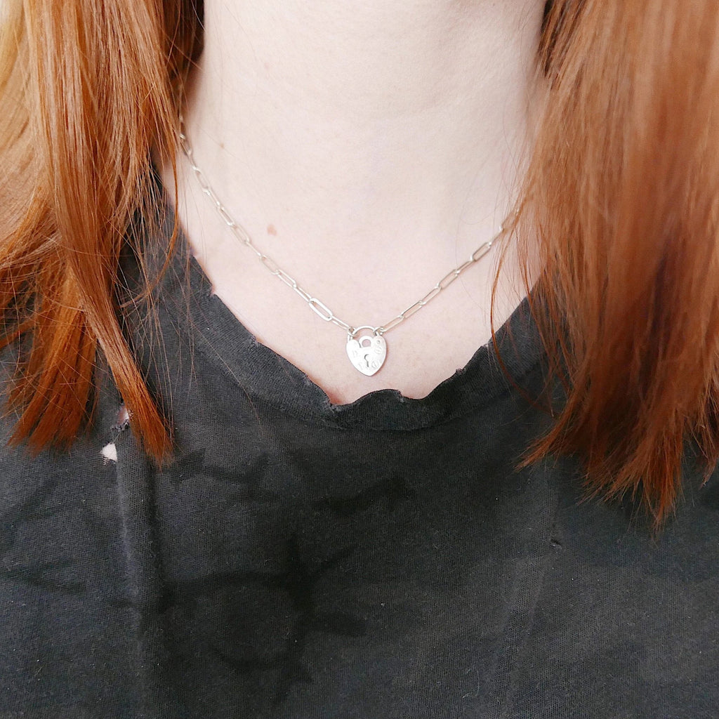 Heart Lock Chain Choker, Heart choker, locket choker, chained heart choker, chunky chain choker, sterling silver heart choker